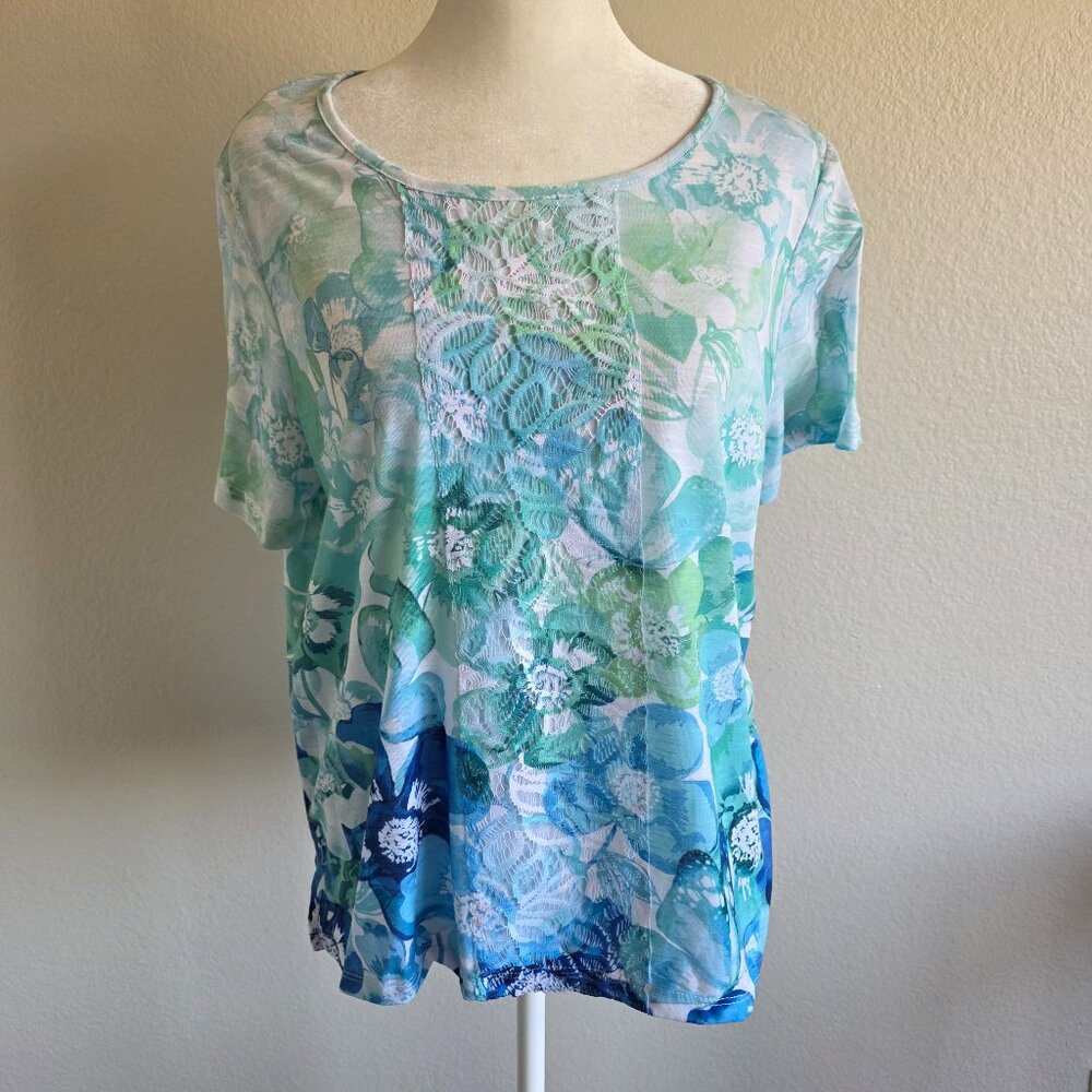 Alfred Dunner Top T-Shirt Floral Butterfly Lace Watercolor Size Petite Medium PM